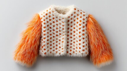 A stylish and vibrant fur jacket featuring plush textures and colorful patterns, perfect for adding a modern touch to any outfit while keeping warm and fashionable.