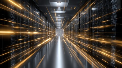 Futuristic data center with glowing lines symbolizing fast data transfer. A sleek, modern corridor showcases advanced server technology in a high-tech environment.