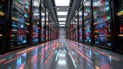 A vibrant data center showcasing rows of glowing servers