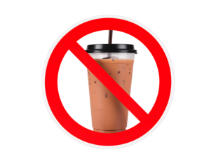 A clear plastic cup filled with iced coffee or tea with a black lid and straw, crossed out with a red prohibition symbol