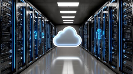 A modern data center showcasing high-tech server racks lined up in a corridor, illuminated by vibrant blue lights