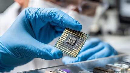 A researcher in a lab examines a microprocessor with precision