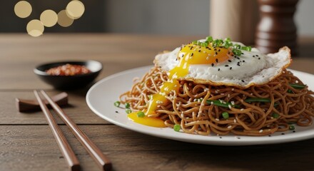 Delicious Asian Noodles with Fried Egg on White Plate, Chopsticks and Side Dish