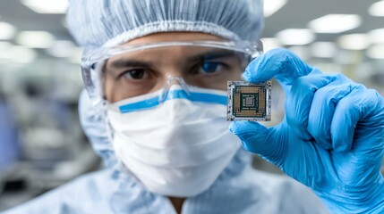 A scientist holding a microchip in a cleanroom environment, showcasing advances in semiconductor technology and innovation. Perfect for articles on tech development and research.