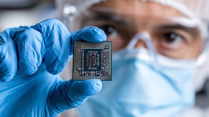 A scientist in a clean room holds a microprocessor, showcasing the intricate design and technology behind modern computing