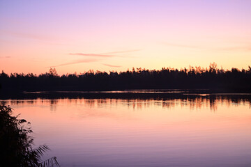 Fototapeta premium Pastel Dawn Colors: Serene Pink and Purple Sky Reflected on Still Biesbosch Wetland Water