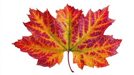 A vibrant maple leaf showcasing stunning autumn colors of red, orange, and yellow