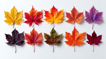 A vibrant collection of colorful autumn leaves arranged in a stunning display. Each leaf showcases unique hues, symbolizing the beauty and diversity of fall's natural palette.