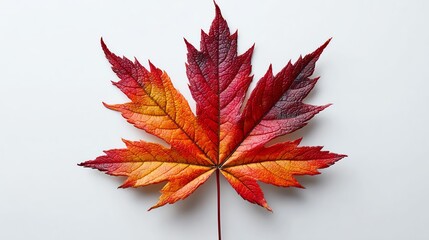 A vibrant red and orange maple leaf displayed on a clean white background. The intricate details and colors of the leaf showcase the beauty of fall and nature's artistry.