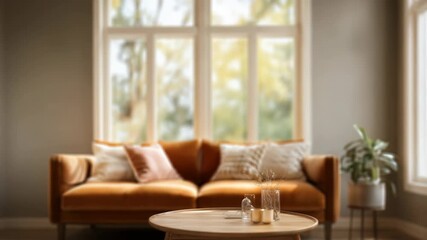 A beautifully decorated living room features a round wooden coffee table and a plush sofa with decorative pillows. Large windows let in abundant daylight, enhancing the serene and modern vibe