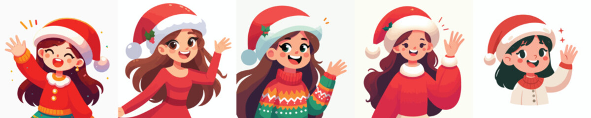 vector of a little girl in a Christmas hat waving
