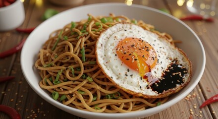 A delicious bowl of savory Asian noodles topped with a fried egg and garnished with fresh scallions and sesame seeds