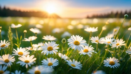 Glowing White Daisies In A Green Field