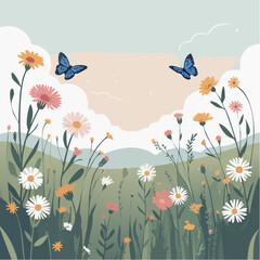 Dreamy wildflower meadow with blue butterflies soaring, a peaceful nature escape perfect for spring designs, branding, or a serene, calming aesthetic