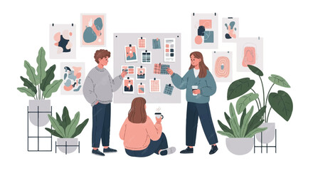 Creative team collaboration on a design project, blending ideas in a modern studio environment, a vibrant vector illustration of artistic teamwork