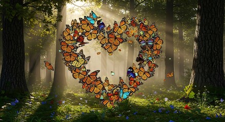 Monarch Butterflies in Heart Shape with Forest, Nature, Romance, Love, Sunlight, and Magical.