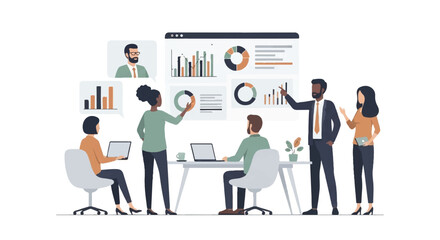 Diverse business team collaborating in a virtual meeting, analyzing complex data visualizations and charts for strategic planning
