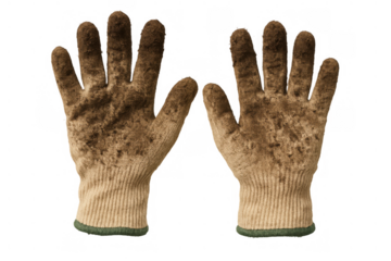 Dirty work gloves facing up, ready for gardening, cleaning, and construction on transparent background