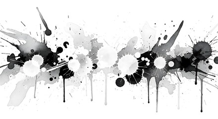 Monochrome Ink Splatter Background Abstract Paint Splashes on White.