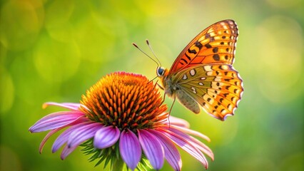 A vibrant butterfly delicately perched on a radiant coneflower, basking in the warm sunlight of a summer's day, showcasing nature's artistry in breathtaking detail.