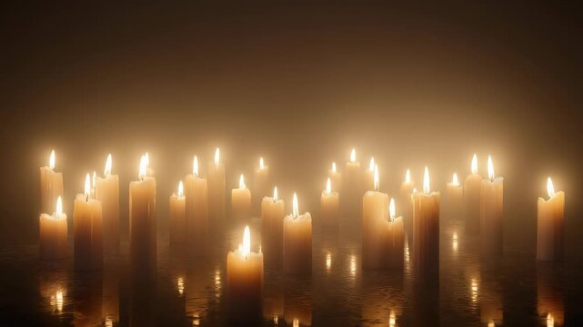 Multiple lit candles stand together, their flames flickering and illuminating the darkness with a soothing golden glow. The scene radiates relaxation, mindfulness, and spiritual ambiance