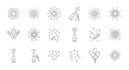 Celebration and Party Icons Set with Fireworks, Champagne, and Balloons.