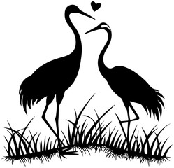 Obraz premium Silhouette of Two Cranes in Grass with Heart Symbol – Vector Illustration