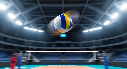 Motion Blur Volleyball in Arena Sport Ball Flying with Competition Stadium Lights.