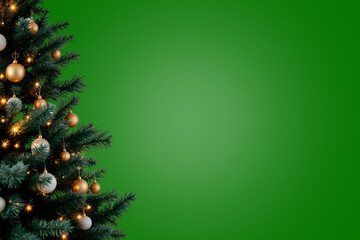 Christmas Tree with Golden Ornaments and Lights on Green Background with Copy Space for Holiday...