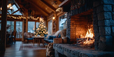 Naklejka premium Cozy wooden cabin living room with roaring stone fireplace and bokeh-lit Christmas tree in warm glow. Rustic holiday hearth comfort, inviting festive winter sanctuary vibe.