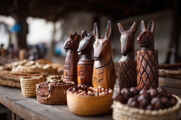 Traditional Wooden Statues and Local Artifacts in Natural Light
