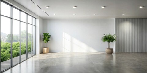 Obraz premium Spacious modern interior with large windows showcasing tranquil greenery and minimalist design elements