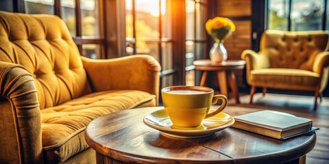 A warm beverage rests on a wooden table near comfortable armchairs, bathed in the soft glow of sunlight streaming through nearby windows.  A book lies open nearby, inviting quiet contemplation.