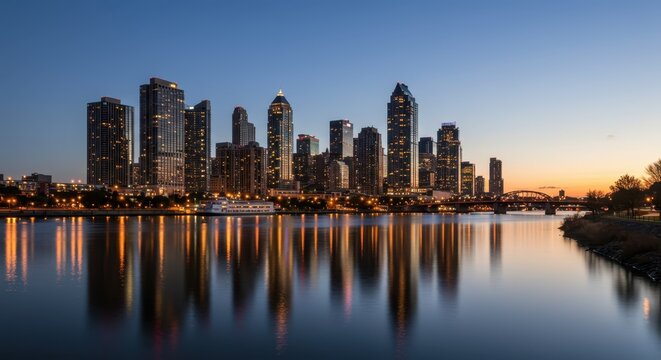 Tall modern buildings illuminate a sprawling cityscape reflected in calm water at twilight