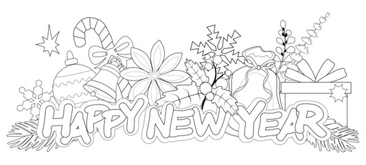 Coloring book page. Happty New Year. Vector illustration.	
