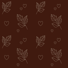 Warm minimal seamless pattern with outline leaves and hearts on brown background. Cozy romantic design for packaging, fabric, stationery, and modern decor.