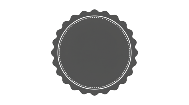 A gray circular badge with a dotted white line border