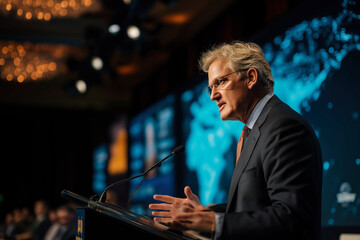 Businessman Giving A Lively Speech At A Podium During A Large Business Conference