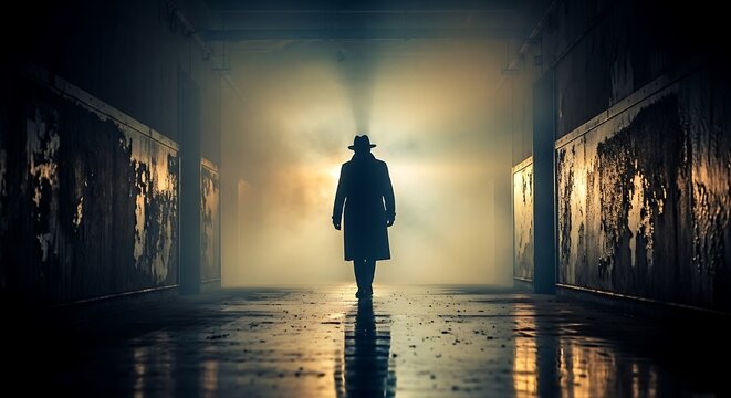 Mysterious Figure Silhouetted Walking Through Dark with Foggy Industrial Corridor.