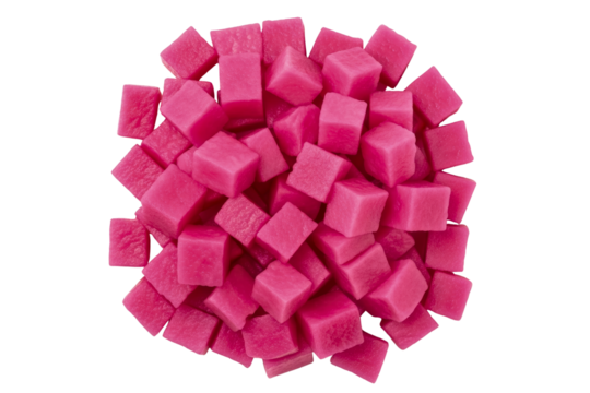 Top view of bright pink diced pickled turnips in a pile isolated on transparent background