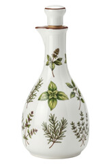 Ceramic oil and vinegar cruet with a vintage botanical herb print isolated on transparent background