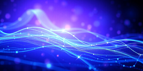 Abstract technology wallpaper, futuristic digital background with glowing blue and purple gradient, flowing data lines and particle waves, cyber network.