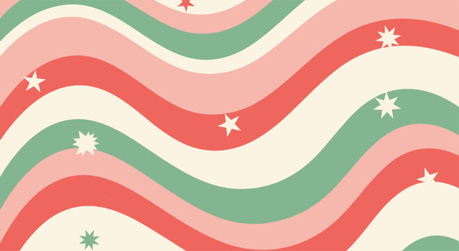 Colorful wavy stripes with stars create a retro and festive design.