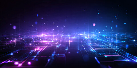 Obraz premium Abstract circuit board background, glowing microchip lines, blue neon and dark gradient, futuristic AI data network, clean minimal style wallpaper.