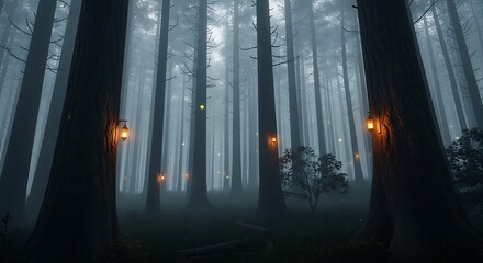 Mystic Forest at Dusk with Lanterns with Glowing Lights, Foggy Landscape, Enchanting, and Cinematic.