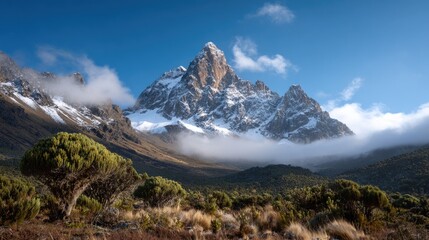 Majestic Morning View of Snow-Capped Mount Kenya with Mist
