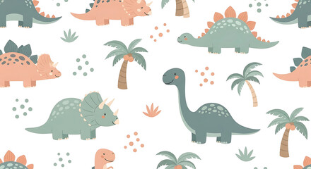 Obraz premium Cute cartoon dinosaurs and palm trees seamless pattern on white background image