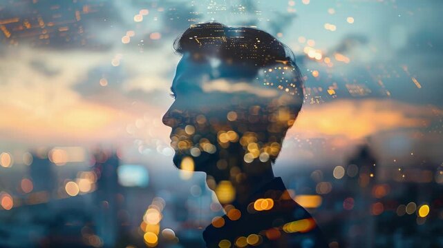 The depicts a man silhouetted against a dusky city skyline, his back turned as he gazes out over the urban landscape. His posture is contemplative, suggesting deep thought or introspection.