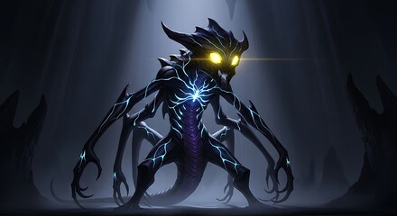 Mystical Cave Dweller  Fantasy Creature with Glowing Eyes  Bioluminescent Lines.