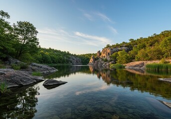 A serene and expansive natural vista, showcasing untouched wilderness with lush vegetation, clear water, and dramatic geological formations under a wide sky ,mountain ,vista ,travel